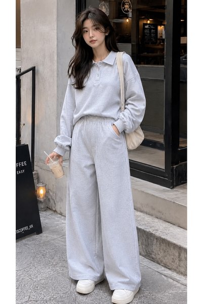 RB CLUB Women's Gray Polo Collar Oversize Sweatshirt Wide Leg Sweatpants Two-...