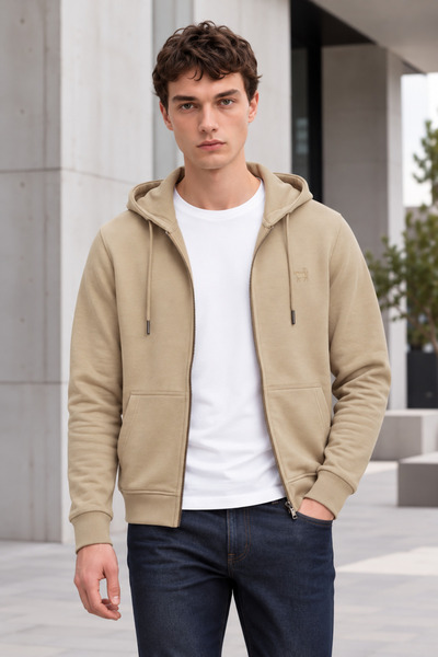 AJ X GF Men's Hooded Zipper Sweatshirt, Beige, with Logo, Long-Sleeved, Casua...