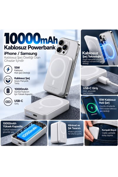 Generic 10000mAh MagSafe Manyetik Kablosuz Powerbank 15W Hızlı Şarj USB-C – i...