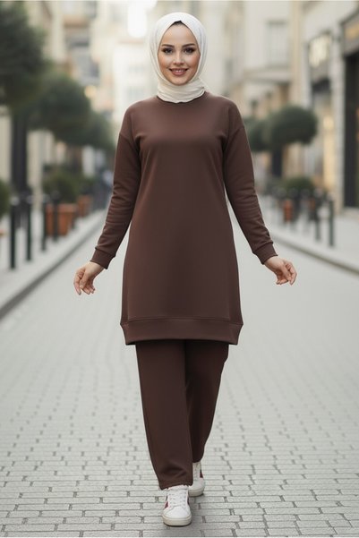 TOFİSA Tunik Pantolon Modal İkİli Takım Kahve - 28004-KAHVE