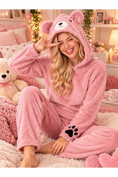 NiCe İç Giyim Hooded Teddy Bear Print Light Rose-Colored Fun and Trendy Wells...