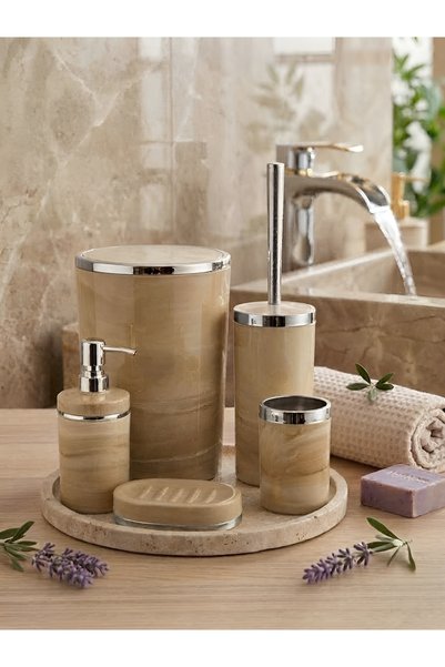 BOHEN Yuvarlak Mermer Desenli 5'li Banyo Seti - Krem Gümüş