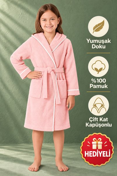 Layvera Kız-Erkek Çocuk Bornozu %100 Pamuk | Kapüşonlu+Cepli+Yumuşak+Biyeli+P...