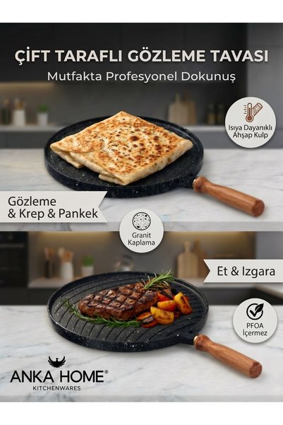 ANKA MUTFAK Çift Taraflı Döküm Granit Gözleme ve Izgara Tavası - Çıkarılabili...