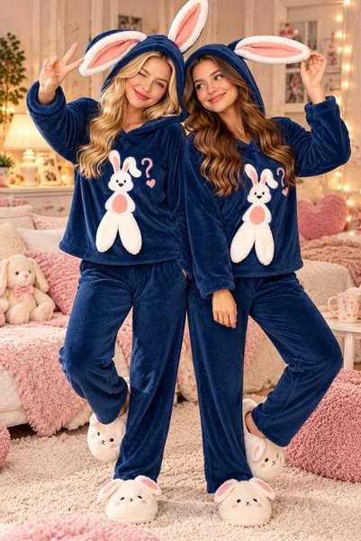 NiCe İç Giyim Hooded Rabbit Embroidery Pattern Navy Blue Color Fun Trend Fash...