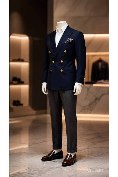 ilayda emir Men's Navy Blue Gold Buttoned Double-Breasted Jacket, White Shirt...