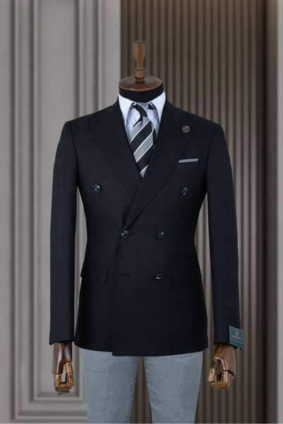 ilayda emir Men's Modern Classic Black Double-Breasted Jacket Shirt and Gray ...