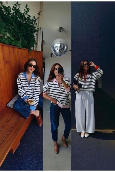 DAMGA Collection عبوة من 3 قطع، سترة صوفية نسائية بياقة بولو ونقشة مخططة، مزو...
