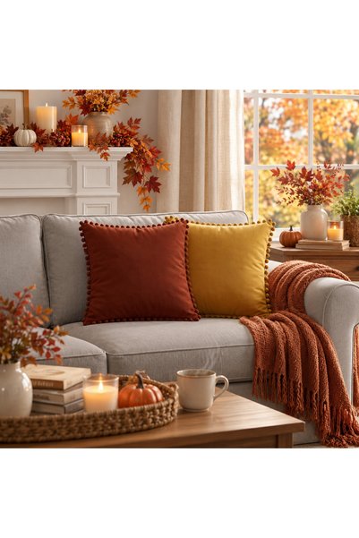 Bc Home طقم أغطية وسائد ناعمة الملمس مع بومبون صغير، لون الخردل، تصميم بوهيمي...