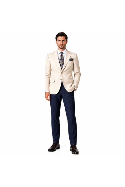 ilayda emir Kaşe Jacketed Slim Fit Men's Suit – Beige Jacket, Navy Blue Trous...