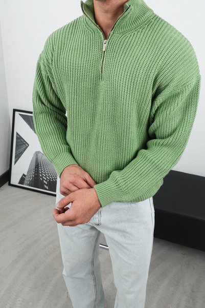 İLKCET MODA Zippered Green Stand Collar Basic Oversize Sweater
