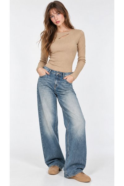 Kallisto Beige Long Sleeve Crew Neck Blouse with Window Detail