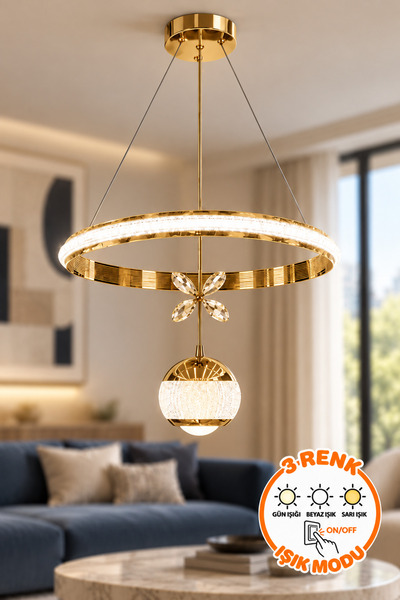 Dekorluna Iron Halka 30cm Gold Halka Avize Kristal Küre Sarkıtlı 3 Renk Işık ...