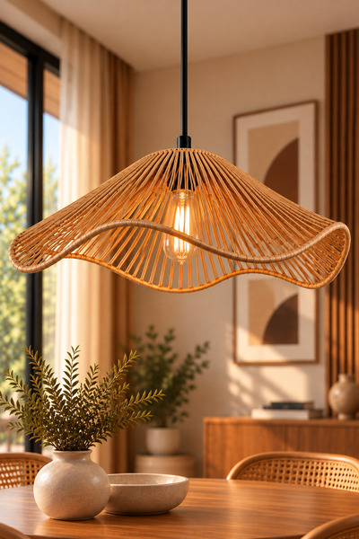 Lambadar Riva Wave Model Naturel Handmade Bohem İskandinav Rattan Tekli Sarkı...