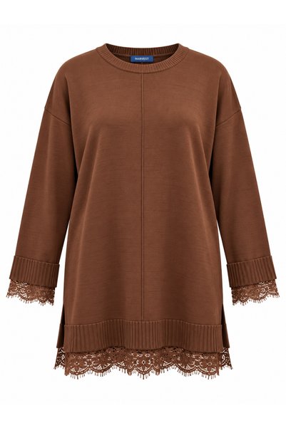bezeXL Plus Size Sleeve Skirt Tulle Detailed Knitwear Sweater Brown