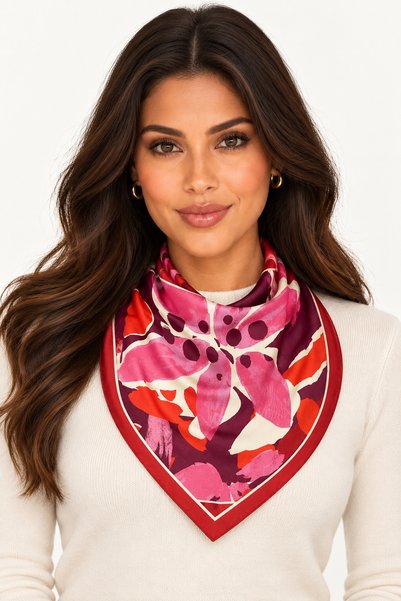 Axesoire 15317 Çiçek Desenli Kırmızı Saten Bandana Fular 50x50 cm