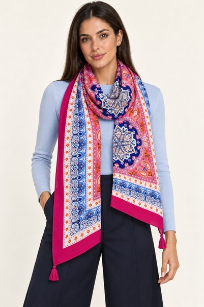 Axesoire 15238 Patchwork Desenli Mavi Püsküllü Şal
