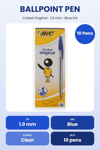 Bic قلم حبر كريستال أصلي، سمك الخط 1.0 مم، لون أزرق – علبة تحتوي على 10 أقلام.