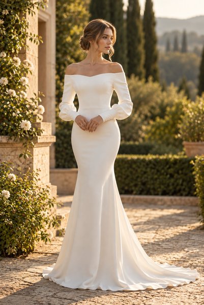 berissima bride Balık Nikah Elbisesi, Kırık Beyaz, Kayık Yaka, Astarlı, Uzun ...
