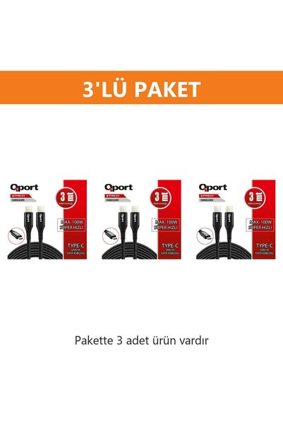 Qport Q-TYPE-C3 3 METRE TYPE-C 100W PD ŞARJ VE DATA KABLOSU 3'lü Paket