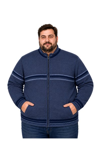 BattalModa Ανδρική ζακέτα πλεκτή με σχέδιο Indigo και τσέπες σε μεγάλα μεγέθη...