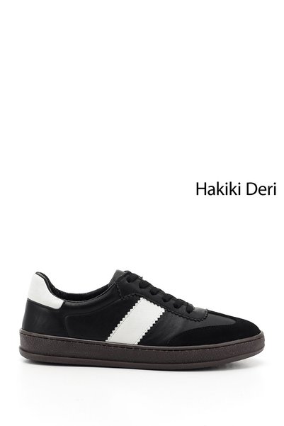 GÖNDERİ(R) Women's Black and White Lace-Up Genuine Leather Sneaker