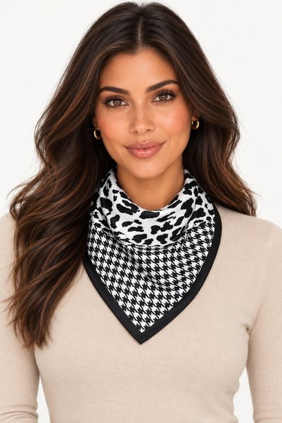 Axesoire 13936 Leopar ve Kaz Ayağı Desenli Siyah Bandana Fular 50x50 cm