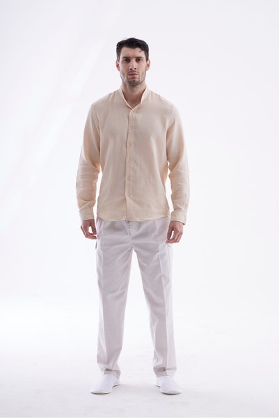 Beratnur 100% Cotton Regular Fit Judge Collar Muslin Long Sleeve Shirt - Beige