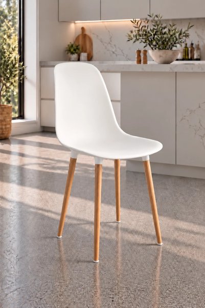 Estelia Abant Natural Ahşap Ayaklı 4'lü Takım Beyaz Sandalye
