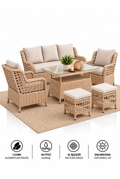 Çavdar Group Hera Raddan 3+1+1 Puflu Oturma Grubu Balkon Teras Bahçe Mobilyas...