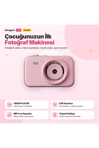 idragon Y11 Çocuk Dijital Fotoğraf Makinesi Selfie Çift Kameralı 1080P Video Tripodlu MP3 Oyunlu Pembe