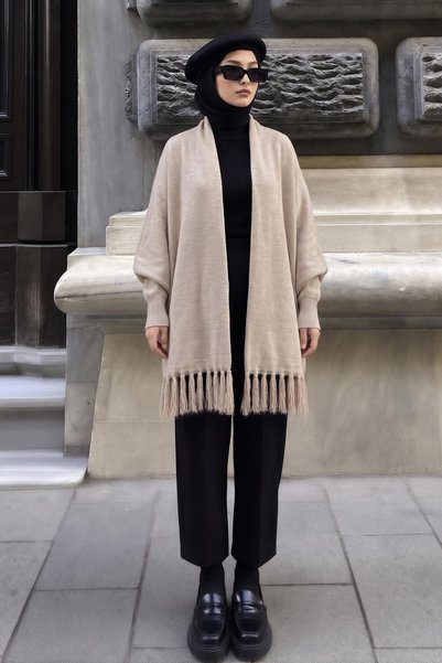 AFVENTE Almira Kadın Püsküllü Oversize Triko Panço Vizon