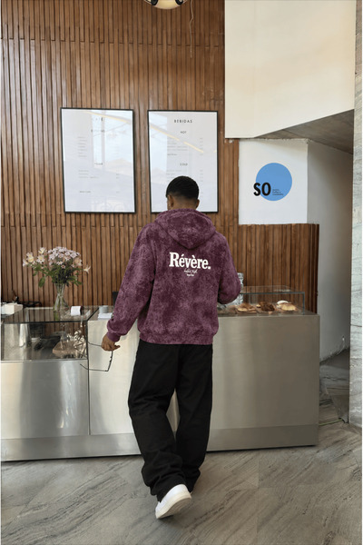 Respire Erkek Revere Nakışlı Yıkamalı Oversize Hoodie Bordo