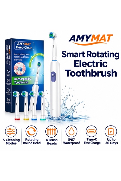 AMYMAT Periuta de dinti electrica rotativa inteligenta Deep Clean, 5 moduri d...