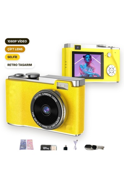 idragon LK-003 Sarı Mini Dijital Çocuk Fotoğraf Makinesi | Çift Lens, Retro T...