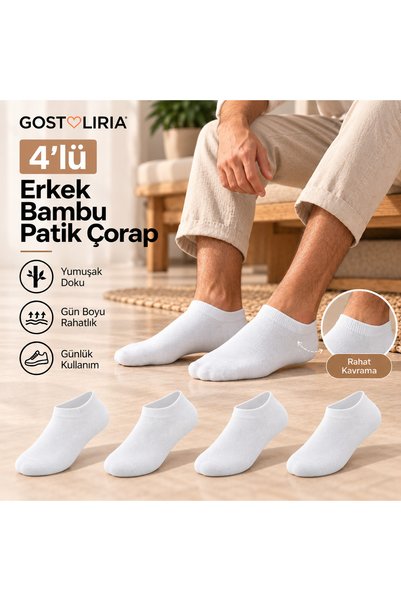 GOST LİRİA - Erkek Bambu Beyaz Patik Çorap 4 lü Paket