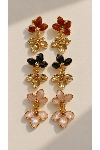 Ayzida Gold Framed Enamel 3-Piece Dangling Flower Earring Set
