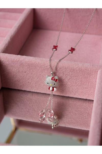 Dem Accessory Hello Kitty Red Bow Kolye - Çelik Kırmızı Kurdele Figürlü Sallantılı Kadın Kolyesi