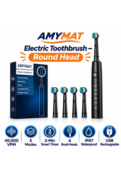 AMYMAT Periuta de dinti electrica sonica neagra, 40.000 vibratii/min, 5 modur...