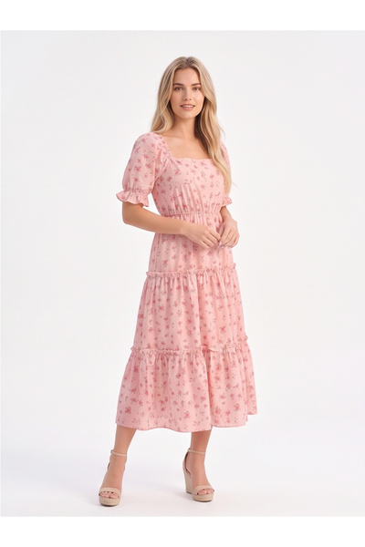 Take Two By Styli Light Pink Floral Tiered Midi Dress