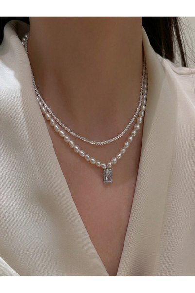 Take Two By Styli Set of 2 - Cube-Shaped Chain and Faux Pearl Necklace