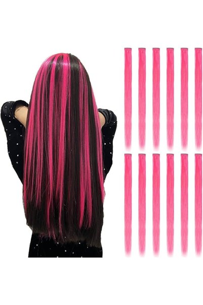 ONASELY 12PCS Colored Hot Pink Hair Extensions - Straight Multicolor Clip In ...