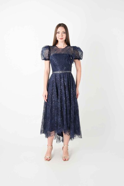 BEYBOS Lace Sequin Fabric Balloon Sleeve Dress - Dark Blue