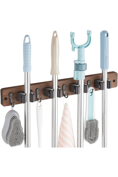 ALMEKAQUZ Mop and Broom Holder Wall Mount -Wood Broom Mop Hanger - Wall Mount...