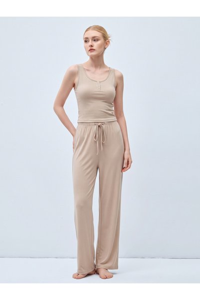 Take Two By Styli Beige Ribbed Tank and Wide-Leg Lounge Set