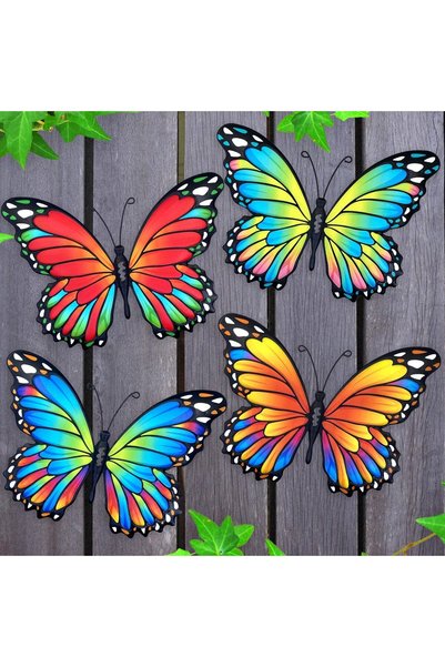 Generic 4 Pcs 3D Metal Butterfly Wall Decor, Colorful Double Wing Outdoor Han...