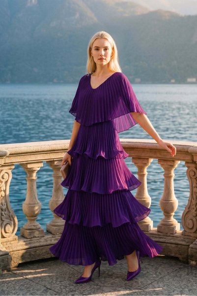Romina Astra V-Neck Tiered Pleated Long Chiffon Evening Dress