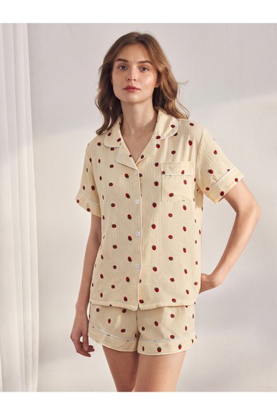 Take Two By Styli Beige Strawberry Print Short Sleeve Pajama Set