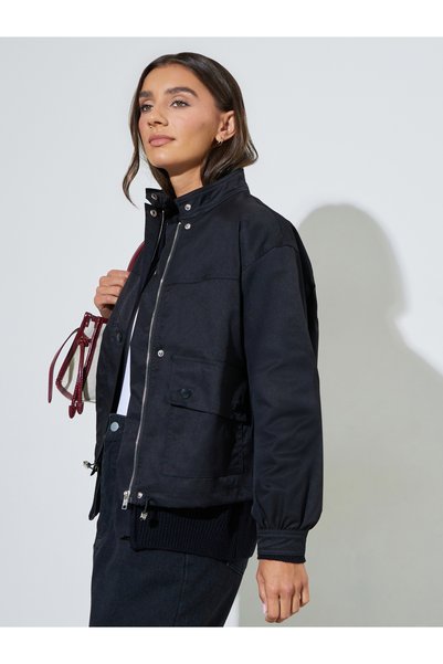 Styli Black Solid Pocket Details Zip-Up Regular Fit Bomber Jacket