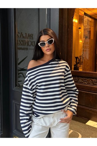 MODAMERSİ Women's Navy Blue Striped Off-Shoulder Oversize Blouse